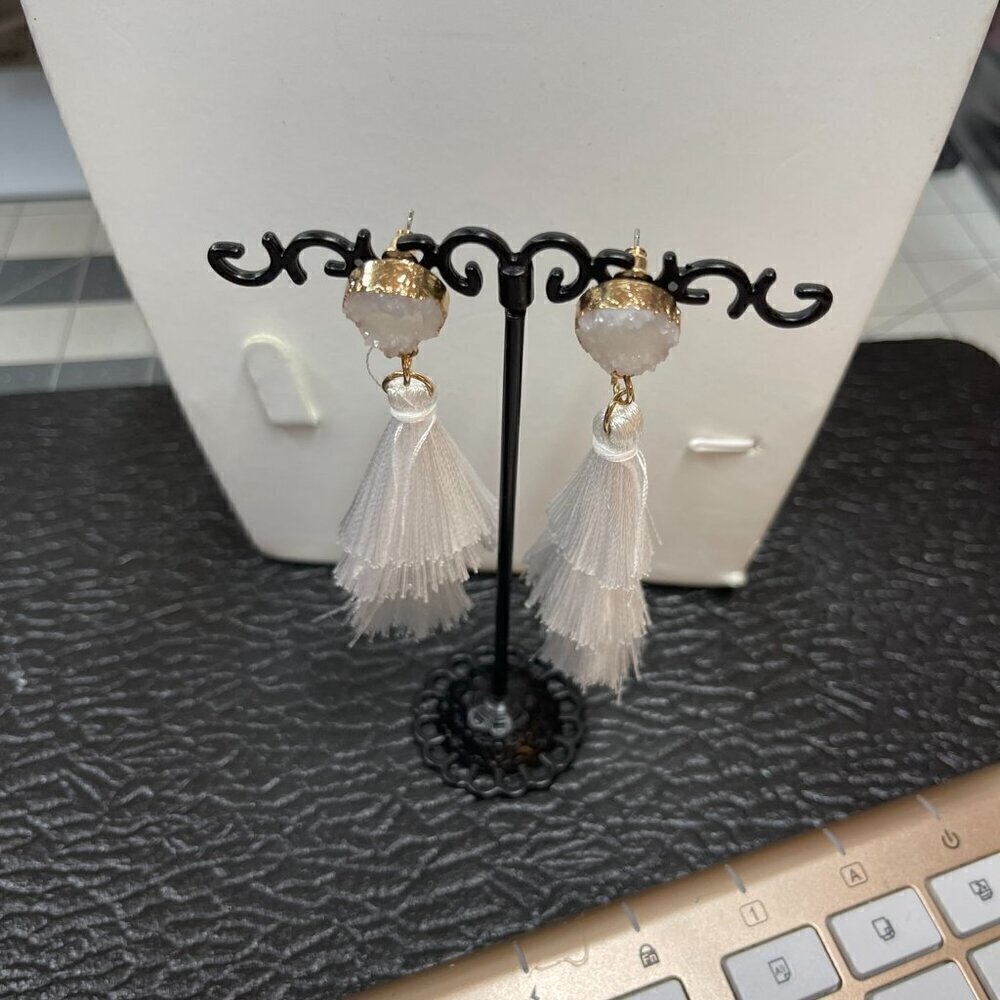 Drusy Drop Earrings in White with 3-Tier Silk Tassels - New (403) - Picture 4 of 12